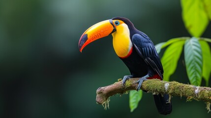 Naklejka premium A colorful toucan perched on a lush branch in the heart of the Amazon rainforest