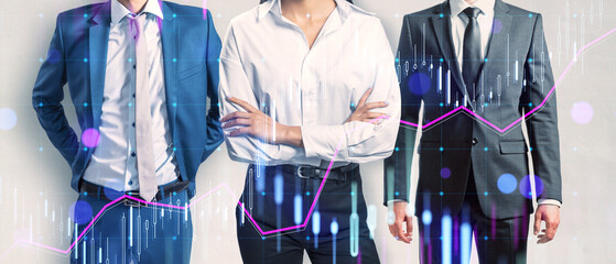 Wide image of headless businesspeople on concrete wall backdrop with forex chart. Teamwork concept.