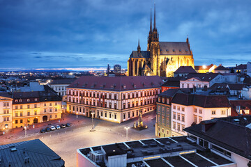 Brno - Amazing view of the old tow and Cathedral of St. Peter and Paul, Czech Republic at night - obrazy, fototapety, plakaty