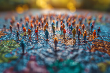 A world map with pins marking the diverse origins of a community's residents, illustrating a melting pot of cultures. Concept of community diversity and global connections. Generative Ai. - obrazy, fototapety, plakaty