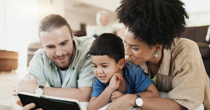 Tablet, relax and family parents, child or people review e learning homework, web lesson or helping boy with studying. Elearning, remote online education and home kid, mom and bonding dad support son - Powered by Adobe