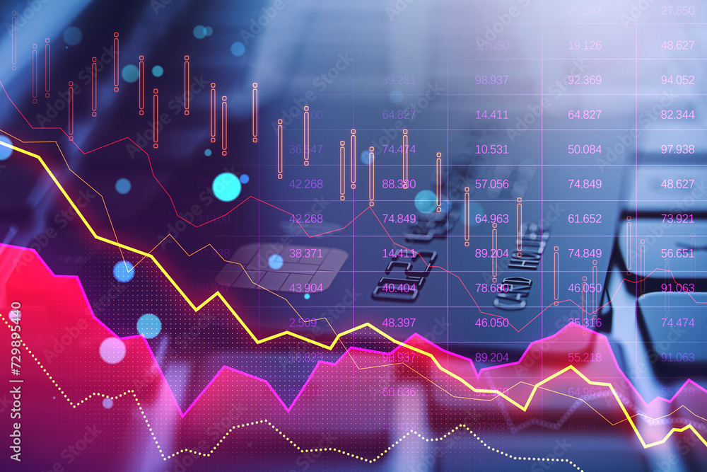 Poster close up of laptop computer with bank card and pink crisis business and forex chart on blurry backgr