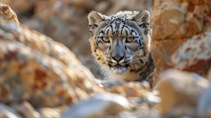Obraz premium A fierce-looking snow leopard camouflaged among the rocky Himalayan terrain.
