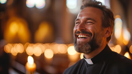  Joyful Clergyman - Radiant Smile in Church - obrazy, fototapety, plakaty
