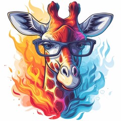 Joyful Giraffe in Spectacles with Fire and Ice Heart, Alone on White for Design & Print