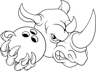 A Rhino Rhinoceros mean tough cartoon sports animal mascot holding a Bowling ball