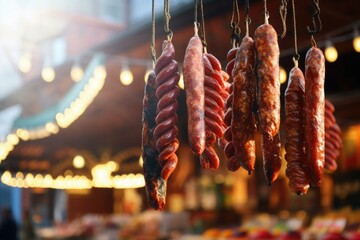 sausages and sausages hang on the display window - obrazy, fototapety, plakaty