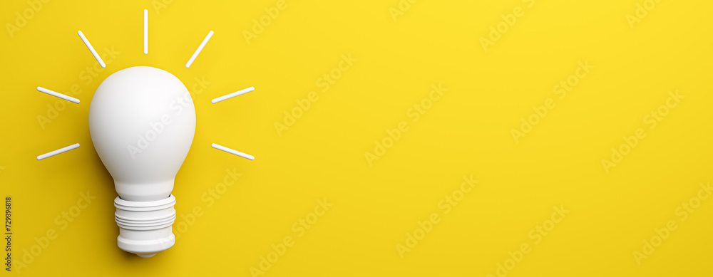 Poster abstract white light bulb on wide yellow background with mock up place. idea, creativity and innovat