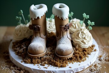 gardenerthemed cake with frosted gloves and boots atop soillike crumbs