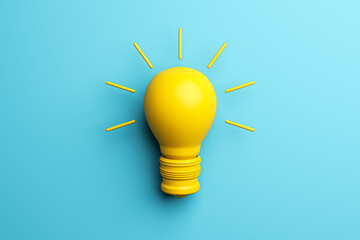 Abstract yellow light bulb on blue background. Idea, creativity and innovation concept. 3D Rendering.