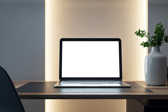 Sleek home office setup with backlit monitor, wooden desk, and plant in a vase. 3D Rendering