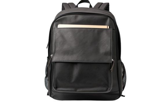 Black Backpack with Notebook on a White or Clear Surface PNG Transparent Background.