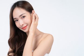 Asian woman with natural makeup. Surgery and Cosmetology concept with white background. 