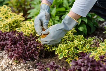 gardener wearing gloves planting a bed of citrine and garnet