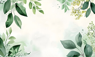 Green leaves snd flower watercolor background invitation template, Generative AI - obrazy, fototapety, plakaty