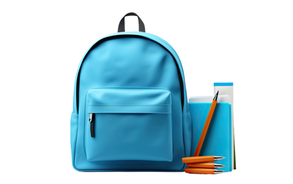 Blue Backpack with School Supplies on a White or Clear Surface PNG Transparent Background.