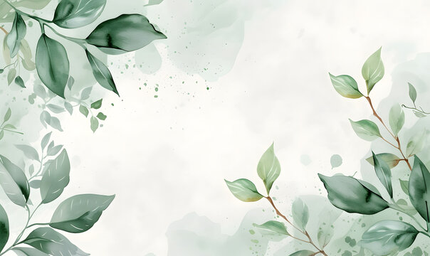 Green leaves snd flower watercolor background invitation template