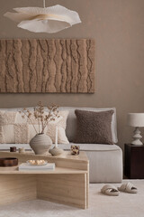 Modern composition of japandi interior with design beige sofa, natural colors paintings, stone...
