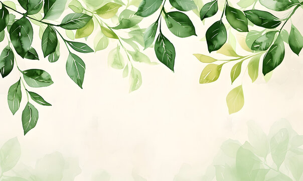 Green leaves snd flower watercolor background invitation template