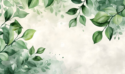 Green leaves snd flower watercolor background invitation template - obrazy, fototapety, plakaty