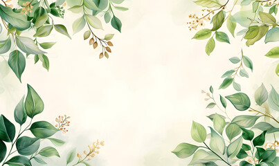 Green leaves snd flower watercolor background invitation template - obrazy, fototapety, plakaty