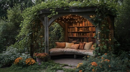 Obraz premium Cozy outdoor reading nook featuring a bookshelf and comfortable cushions, AI-generated.