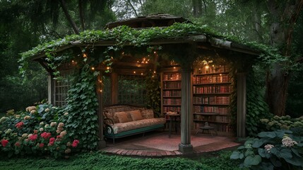 Naklejka premium Cozy outdoor reading nook nestled on a lush backyard lawn, AI-generated.