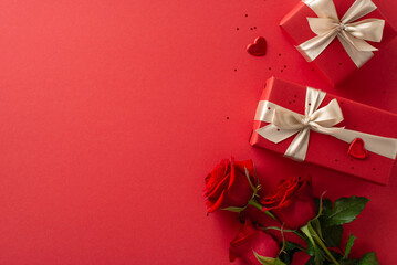 Ideal gift setup for her: top view photo of elegant rose bouquet, chic presents, hearts, and confetti on a red backdrop, leaving space for your text or advertising