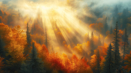 Sunbeams breaking through the mist in a dense autumn forest, highlighting the vibrant fall colors of the foliage.
