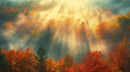 Fotobehang Sunbeams breaking through the mist in a dense autumn forest, highlighting the vibrant fall colors of the foliage.  © Oranuch