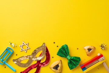 Joyous Purim theme captured from top view, showcasing iconic hamantaschen cookies, Star of David, celebratory accessories like masks, bow tie, ratchets on vibrant yellow backdrop for your message - obrazy, fototapety, plakaty