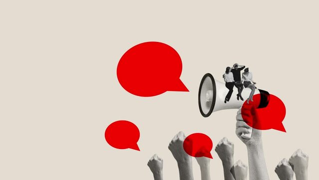 Young people sitting on megaphone with many hands and speech bubble. Opinion of society. Stop motion, animation. Concept of voting day, democracy, politics, choice, freedom, opinion. Noise effect