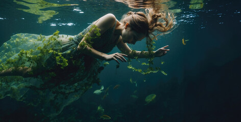 Oceanic Oasis: The Girl and the Submerged Seaweed