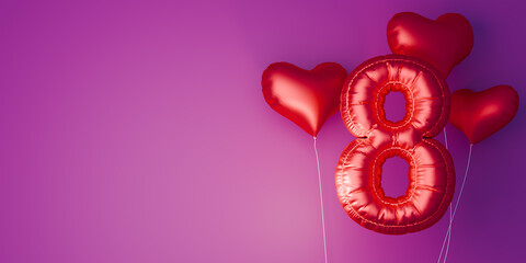 Women's Day background with 3d 8 number and balloons. 3d render. - obrazy, fototapety, plakaty