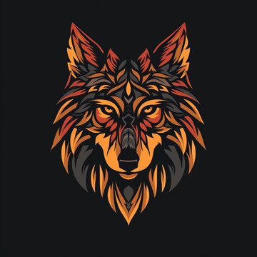 Flat logo wolf folk art style on a black background. Folk art style.