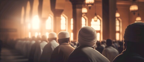 Pray at the mosque. Busy time ramadan moslem blurred background. Eid Mubarak