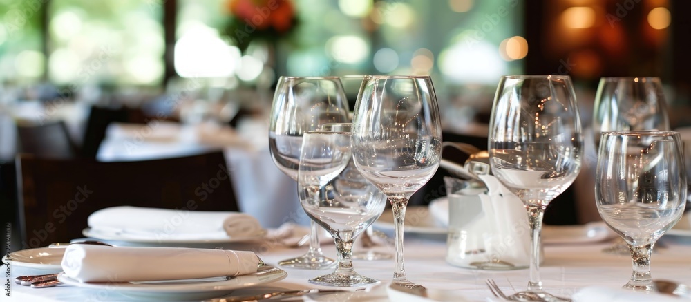 Wall mural White attended a wedding celebration at a restaurant, setting a white tablecloth with silver utensils, plates, and glasses.