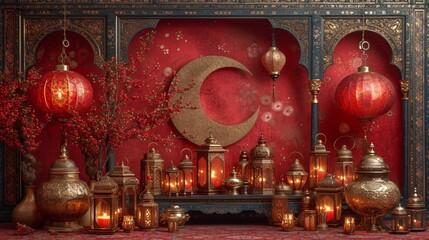 Ramadan Decor A Golden Crescent Moon and Flowers on a Red Wall Generative AI
