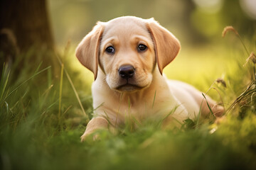 Labrador puppy in green grass