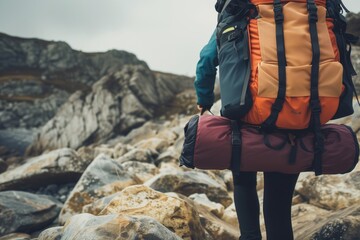traveler with a heavy backpack navigating rocky terrain