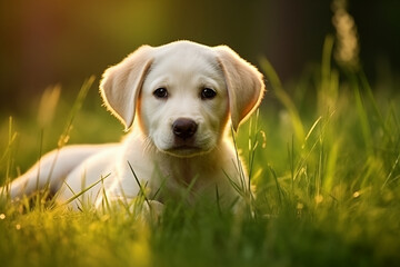 Labrador puppy in green grass