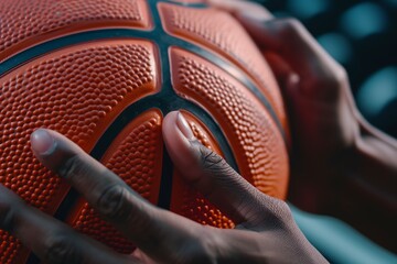 closeup of hand gripping textured basketball