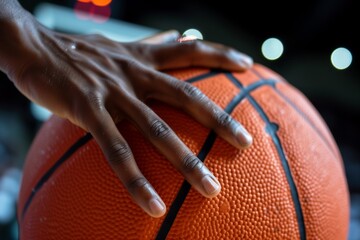 closeup of hand gripping textured basketball