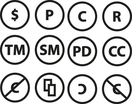 Licence and copyright sign set with trademark, public domain and other icons