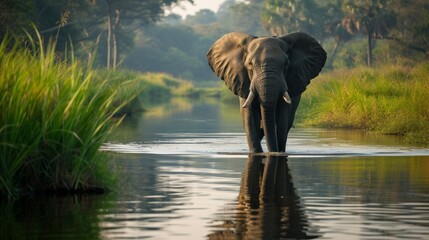 A serene elephant crossing a tranquil river, the reflection mirroring its massive grace
