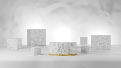 Empty white stone cylindrical on talbe before white wall and cube stones around. Can be used mock up for montage products display or design layout. 3D rendering