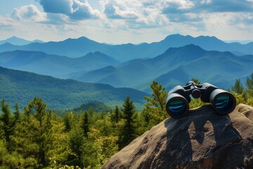 binoculars atop boulder with panoramic view of mountain range - obrazy, fototapety, plakaty
