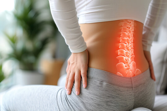 Lumbar intervertebral spine hernia, woman with back pain at home, spinal disc disease, painful area highlighted in red