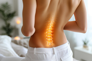 Lumbar intervertebral spine hernia, woman with back pain at home, spinal disc disease, painful area highlighted in red - obrazy, fototapety, plakaty