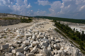 Extraction and primary processing of limestone and gypsum stone in a quarry.